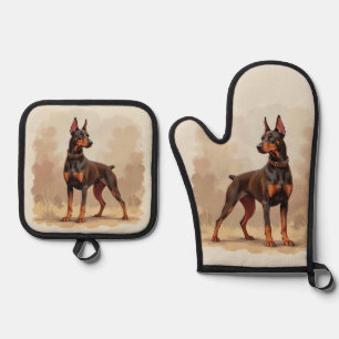 Roter Rostbrauner Dobermann Pinscher Hund Ofenhandschuh & Topflappen-Set
