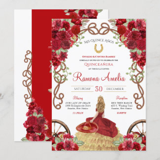 Roter rustikaler Western Floral Charro Quinceanera Einladung