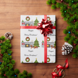 Roter Sable glatthaariger Dachshund im Weihnachtsz Geschenkpapier