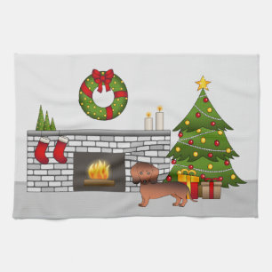 Roter Sable glatthaariger Dachshund im Weihnachtsz Geschirrtuch