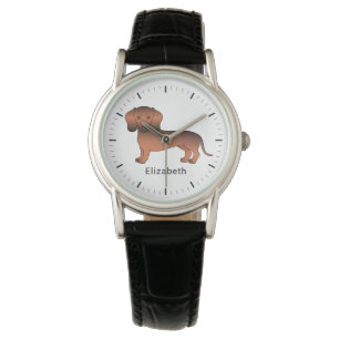 Roter Sable Kurzhaar Dachshund Cartoon-Hund & Name Armbanduhr