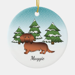Roter Sable Langhaar Dachshund Hund - Winterwald Keramik Ornament