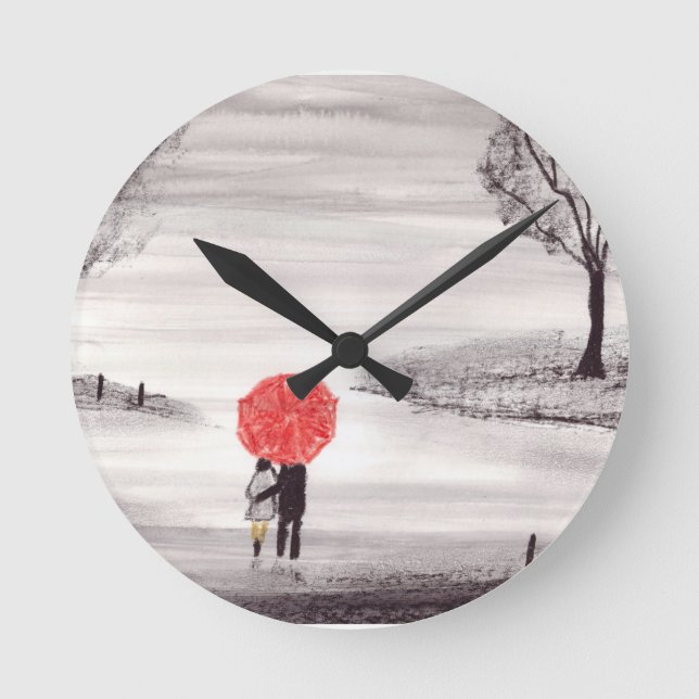Roter Schirm I Liebe Romantische Hochzeit rustikal Runde Wanduhr (Vorderseite)
