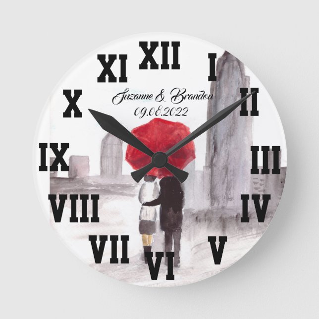 Roter Schirm Liebe Couple Roman Numbers Wedding Ro Runde Wanduhr (Vorderseite)