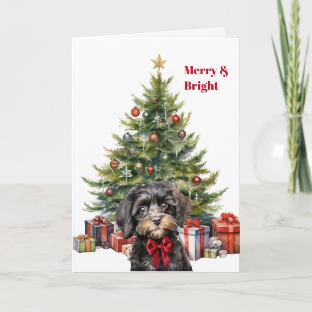 Roter Schleifen Cavapoo Hund Weihnachtsbaum Karte (Vorderseite)