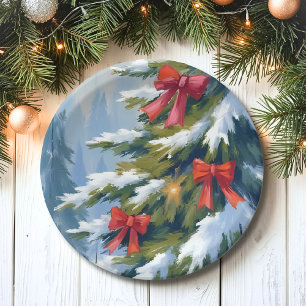 Roter Schleifen-Weihnachtsbaum   Aquarellmalerei Pappteller