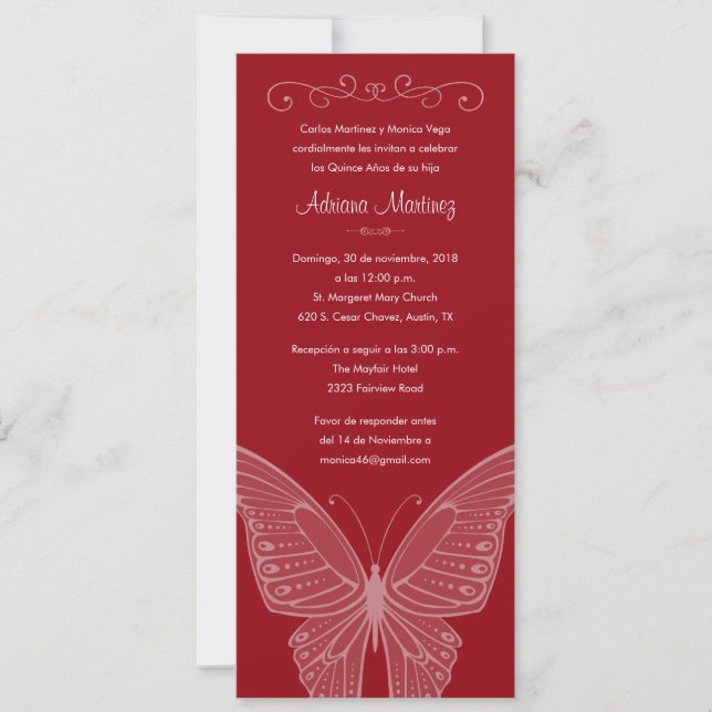 Roter Schmetterling Quinceanera Einladungen (Vorderseite)