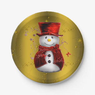 Roter Schneemann auf Goldweihnachten Pappteller