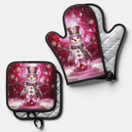 Roter Schneemann-Schneeflocken Ofenhandschuh & Topflappen-Set