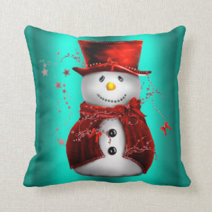 Roter Schneemann zu Aquamarinen Weihnachten Kissen