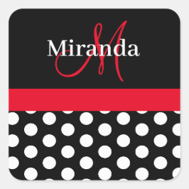 Roter Schwarz-weißer Polka Dot Monogram Square Sti Quadratischer Aufkleber