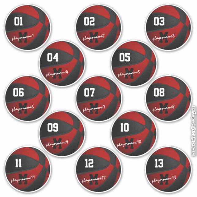 Roter schwarzer Basketball-Brauch 13 Spieler Namen Aufkleber (Vorderseite)