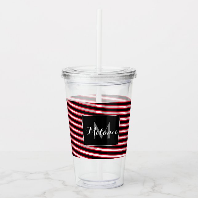 Roter schwarzer Spiralstreifen Streifen Monogram C Acryltrinkbecher (Vorderseite)