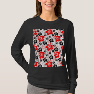 Roter schwarzer tropischer Hibiskus-Blumenprint T-Shirt