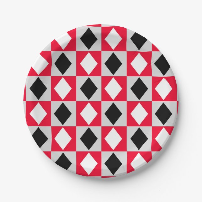 Roter schwarzer weißer Diamant Pappteller (Vorderseite)