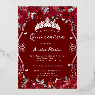 Roter Silber Swirl Scroll Floral Quinceanera Folieneinladung