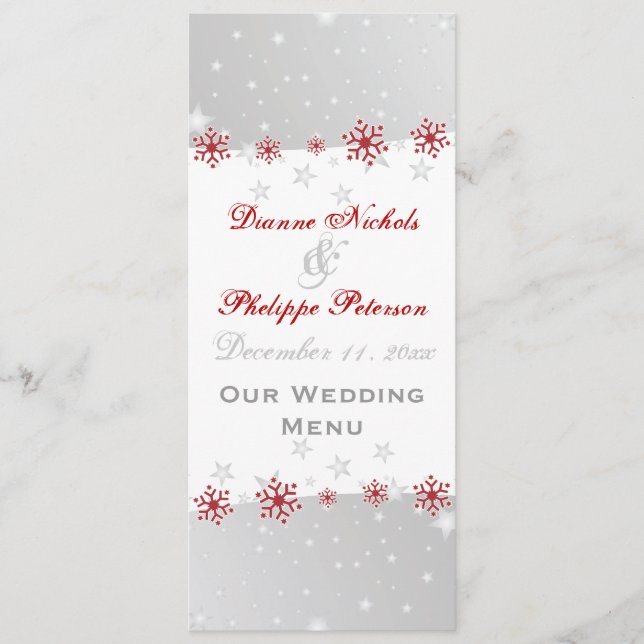 Roter Silbergrauer Schneeflocken Hochzeitskarte Menükarte (Vorderseite)