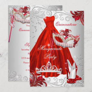 Roter Silberkleid-Maskenball-Quinceanera-Maske Einladung