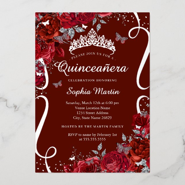 Roter Silberschmetterling Elegante Quinceanera Folieneinladung (Vorderseite)