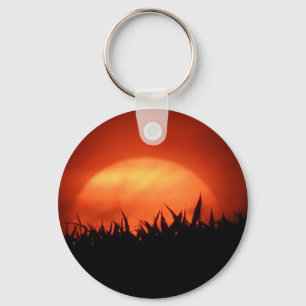 Roter Sonnenuntergang hinter schwarzem Gras Schlüsselanhänger