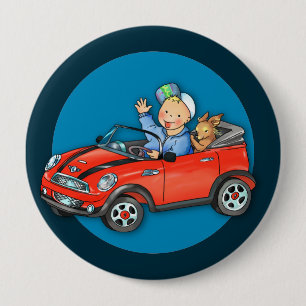 Roter Spielzeug-Auto-Junge u. Hunderunder Knopf Button