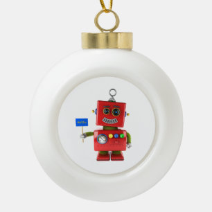 Roter Spielzeugroboter mit Hallo-Schild Keramik Kugel-Ornament