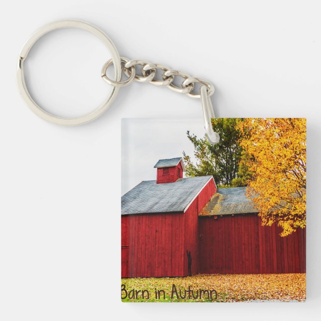 Roter Stall auf dem Herbst Acryl-Schlüsselanhänger Schlüsselanhänger (Vorderseite)