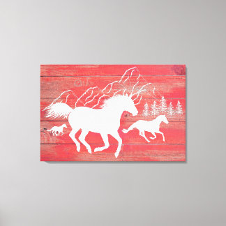 Roter Stall Holz Galloping Pferde Silhouette Leinwanddruck