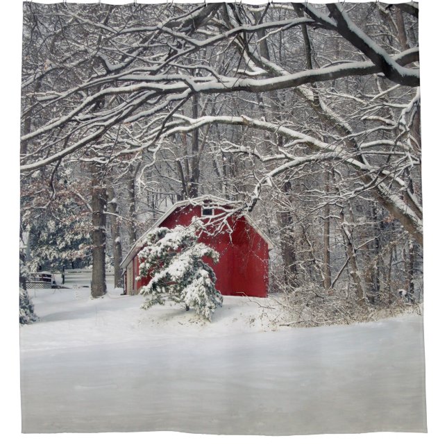 Roter Stall im Schnee (2011) Duschvorhang (Vorderseite)