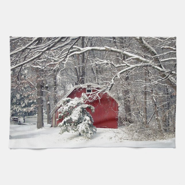 Roter Stall im Schnee 2011 Geschirrtuch (Horizontal)
