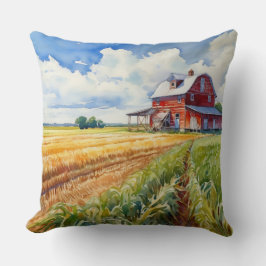 Roter Stall und Maisfeld in Aquarellen Kissen