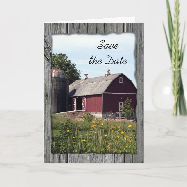 Roter Stall und Silo Country Hochzeit Save the Dat Ankündigung (Vorderseite)