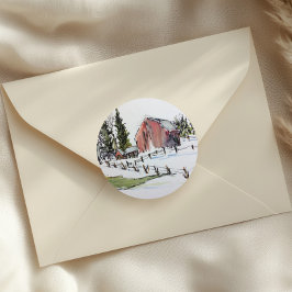 Roter Stallaufkleber, schneebedeckte Wintertöne Runder Aufkleber