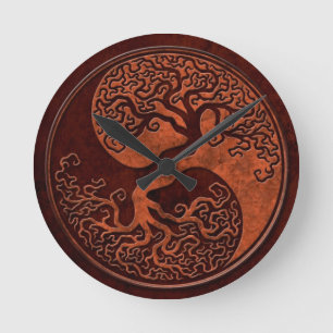 Roter SteinYin Yang Baum Runde Wanduhr