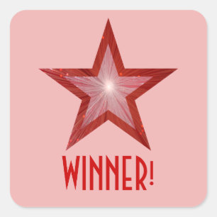 Roter Stern "WINNER" Quadrat Aufkleber hellrosa!