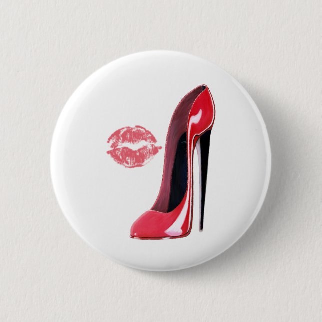 Roter Stilett-Schuh und Kuss Button (Vorderseite)