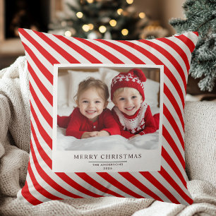 Roter Streifen mit Foto Frohe Weihnachten und Name Kissen