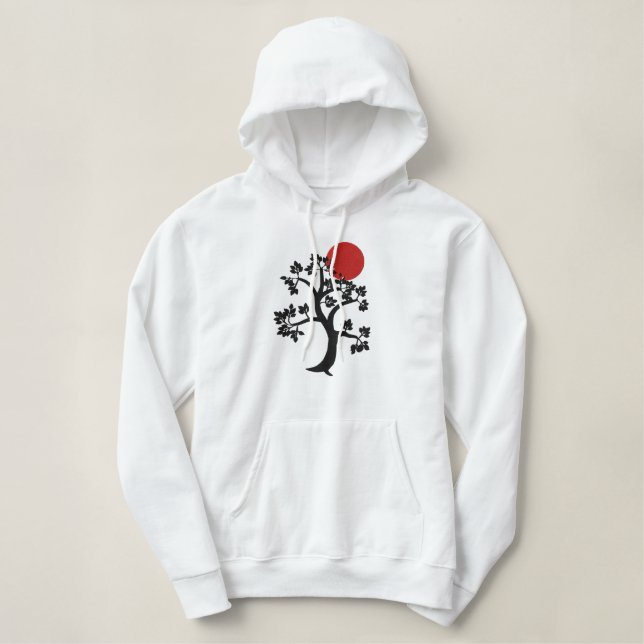 Roter Sun und Baum des Lebens stickten Bestickter Hoodie (Design vorne)