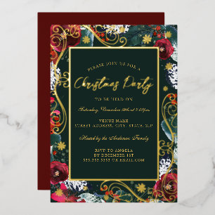 Roter Swirl Blume Rahmen Weihnachts-Party Folieneinladung