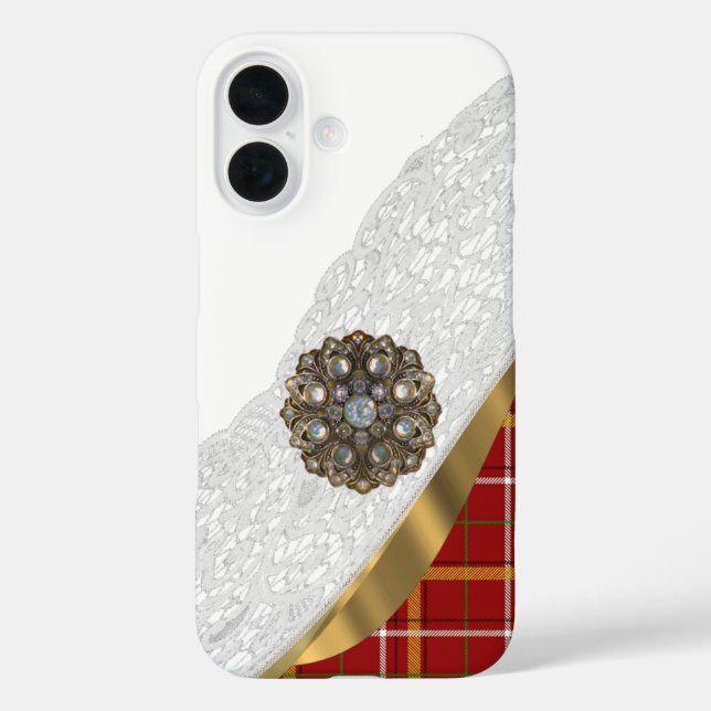 Roter Tartan kariert und Spitze iPhone 16 Hülle (Rückseite)