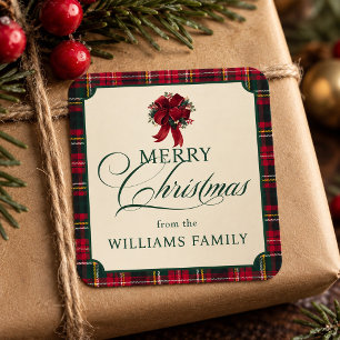 Roter Tartan-Karo-frohe-Weihnachten-Familien-Schle Quadratischer Aufkleber
