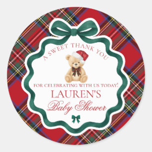Roter Tartan Karo Weihnachtsbär Baby Shower Gesche Runder Aufkleber