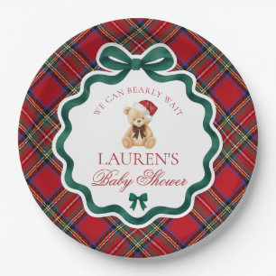 Roter Tartan Karo Weihnachtsbär Baby Shower Pappteller