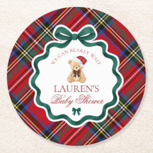 Roter Tartan Karo Weihnachtsbär Baby Shower  Runder Pappuntersetzer