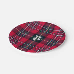 Roter Tartan mit (oder außen) Monogramm Pappteller