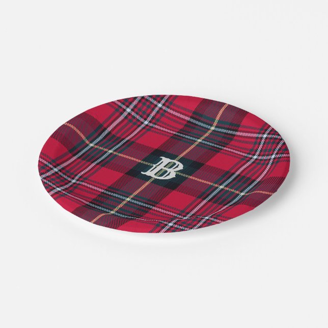Roter Tartan mit (oder ohne) Monogramm Pappteller (Schrägansicht)