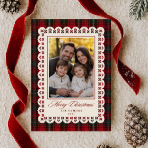 Roter Tartan-Spitzenstich-Rahmen Frohe Weihnachten