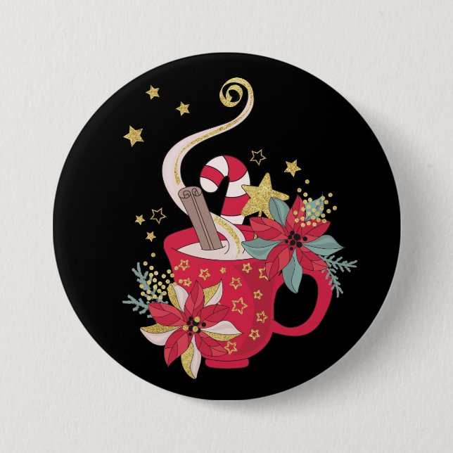 Roter Teacup Zimt Sticks Poinsettias, Gold Stars Button (Vorderseite)