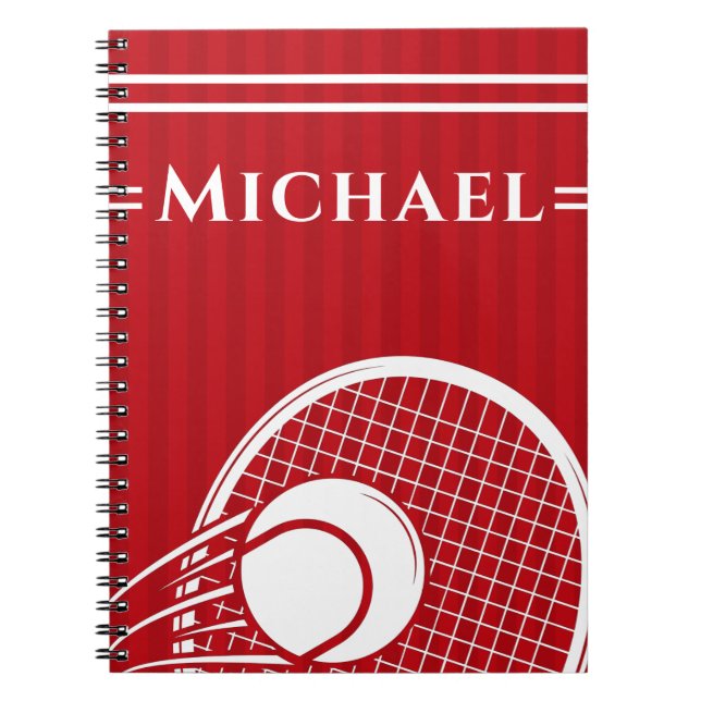 Roter Tennisschläger und Ball Elegant gestreift Notizblock (Vorderseite)