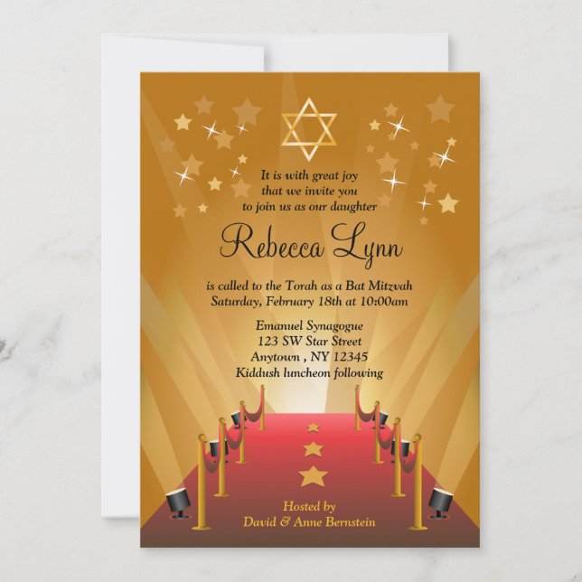 Roter Teppich Hollywood Star Bat Mitzvah Einladung (Vorderseite)